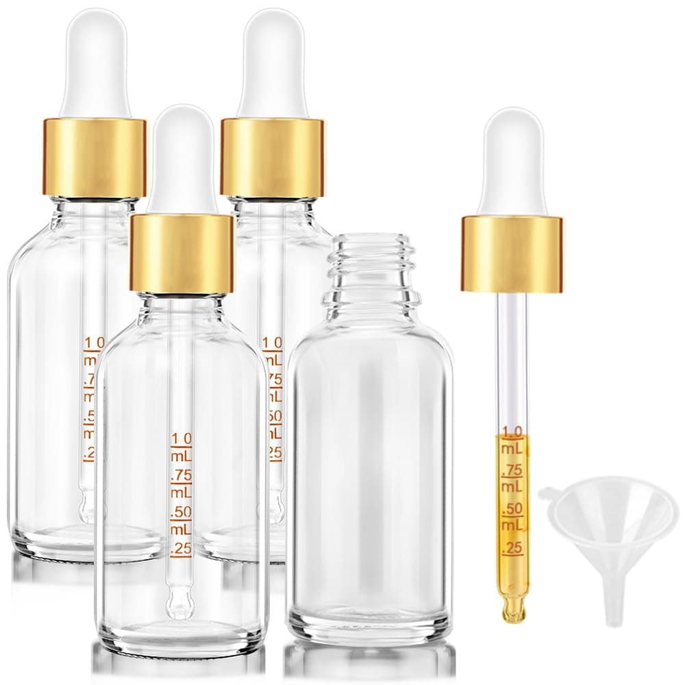 Bumobum 4 Pack Dropper Bottle 2 oz, 60 ml Clear Glass Eye Dropper Bottles with Golden Lid for Essential Oils with Labels and Funnel, Tincture Bottle with Measured Dropper