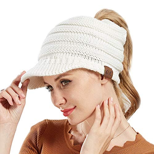 BeanieTail Warm Knit Messy High Bun Ponytail Visor Beanie Cap (White)