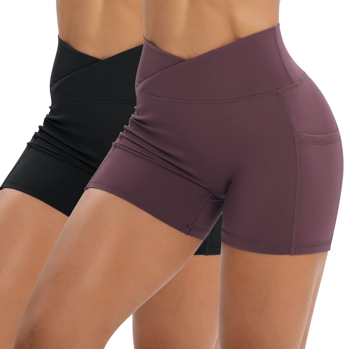 IserkafeWorkout Shorts for Women 2 Pcs Pack Cross Waist Active Gym Spandex Stretchy Yoga Compression with Side Pockets