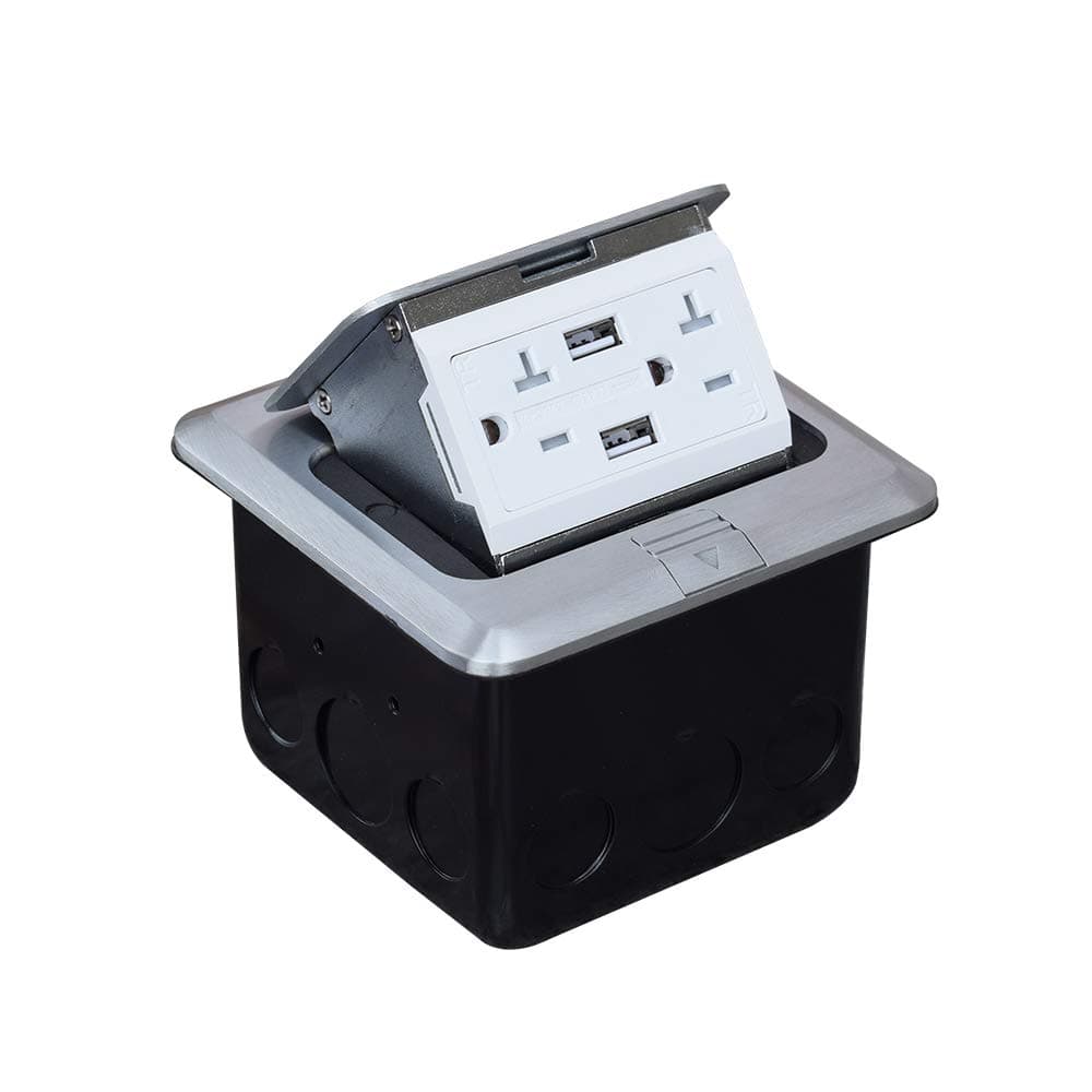 Pop Up Floor Outlet Box with 20Amp and 2 USB Chargers Stainless Steel Recaptacle TR Outlet