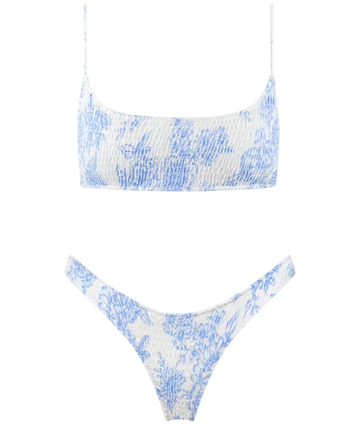 Women's Triangle Bikini Set Smocked Textured Scoop Frilled Print Ruched Elastic Swimsuit Two Piece Bathing Suit