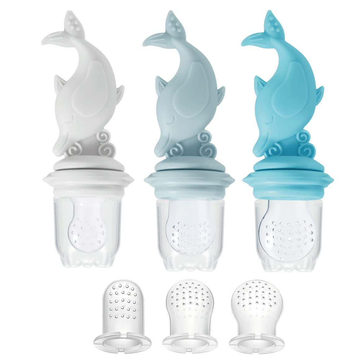 PandaEar 3 Pack Silicone Baby Food Fruit Pacifier Feeder| Silicone Feeder Fruit Holder Sucker for Baby Infant with 3 Different Size Silicone Pouch| Teething Feeder, Dolphin