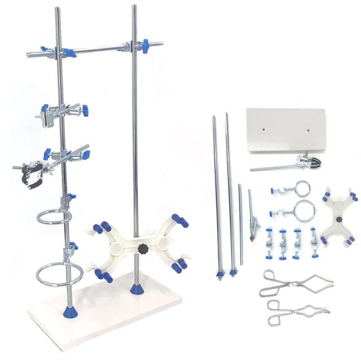 Laboratory Stands Support Set, with a Round-jaw Burette Clamp & Butterfly Burette Clamp, Lab Clamp Retort and 2 Flask Ring Clamps, Rod Length 60cm Sciencent Laboratory Grade Lab Metalware Set