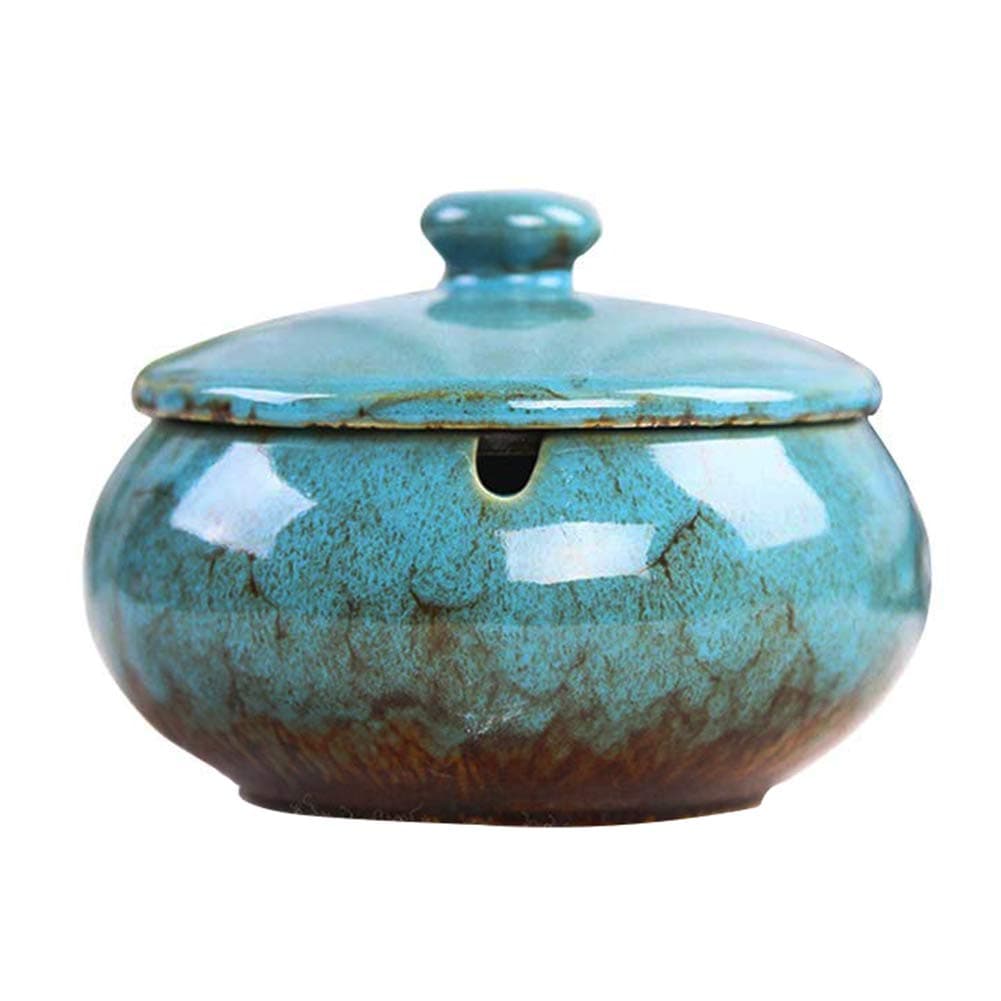 HOOKDOR Ceramic Ashtray with Lids,Windproof,Cigarette Ashtray for Indoor or Outdoor Use,Ash Holder for Smokers,Desktop Smoking Ash Tray for Home Office Decoration (Blue)
