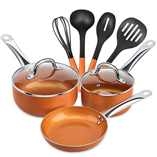 SHINEURI 9 Pieces Copper Cookware Copper Pots and Pans Nonstick Copper Pots and Pan Nonstick Pot and Pan Copper Nonstick Cookware Ceramic Pots and Pan Copper Pan Copper Pot and 4 Set Cooking Utensils
