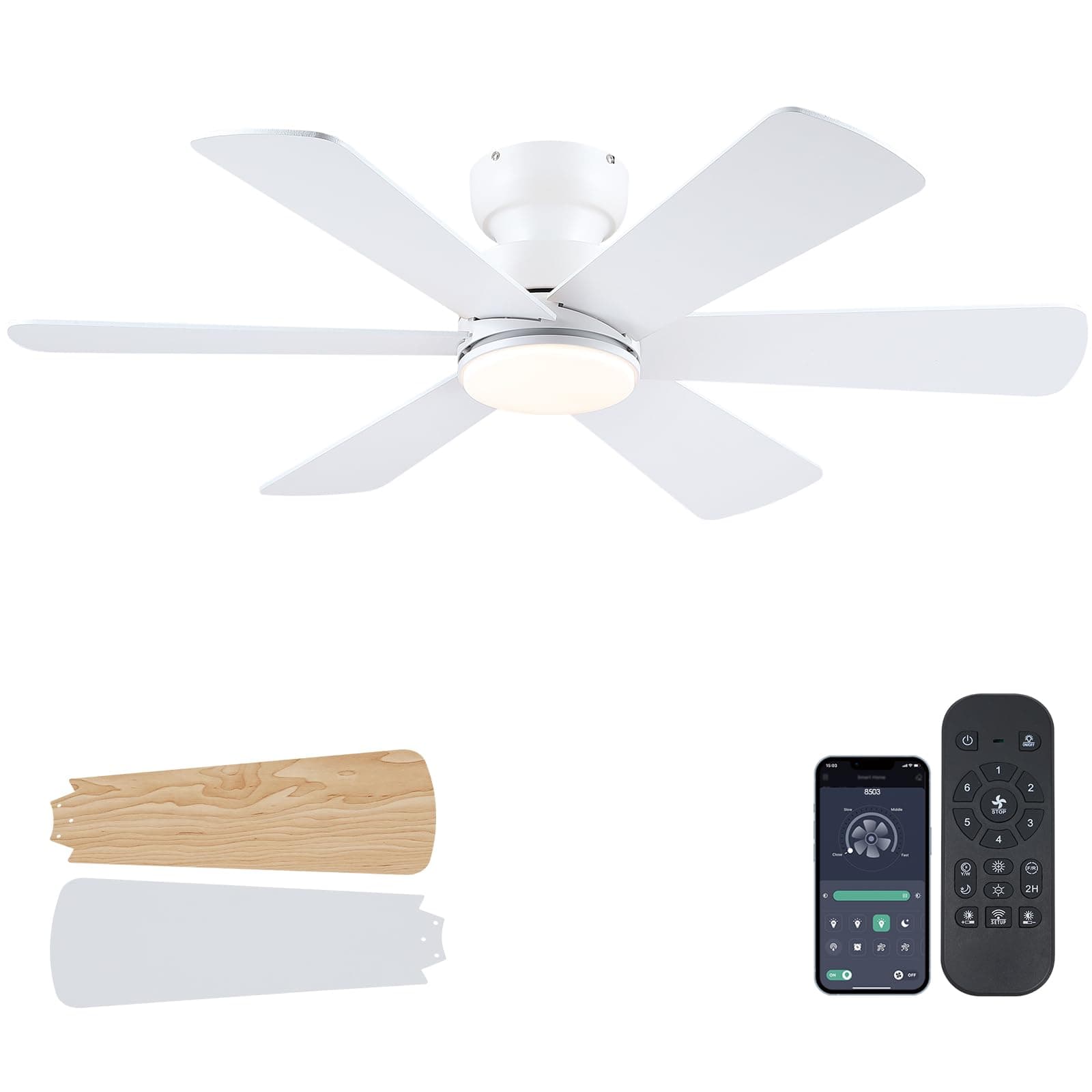 BayDay 46 inch Ceiling Fans with Lights, Ceiling Fan with Remote APP, Dual-Sided Modern/Rustic 6 Blades, Reversible, 3CCT, Flush Mount Low Profile Ceiling Fan with Lights Bedroom Kitchen Indoor White