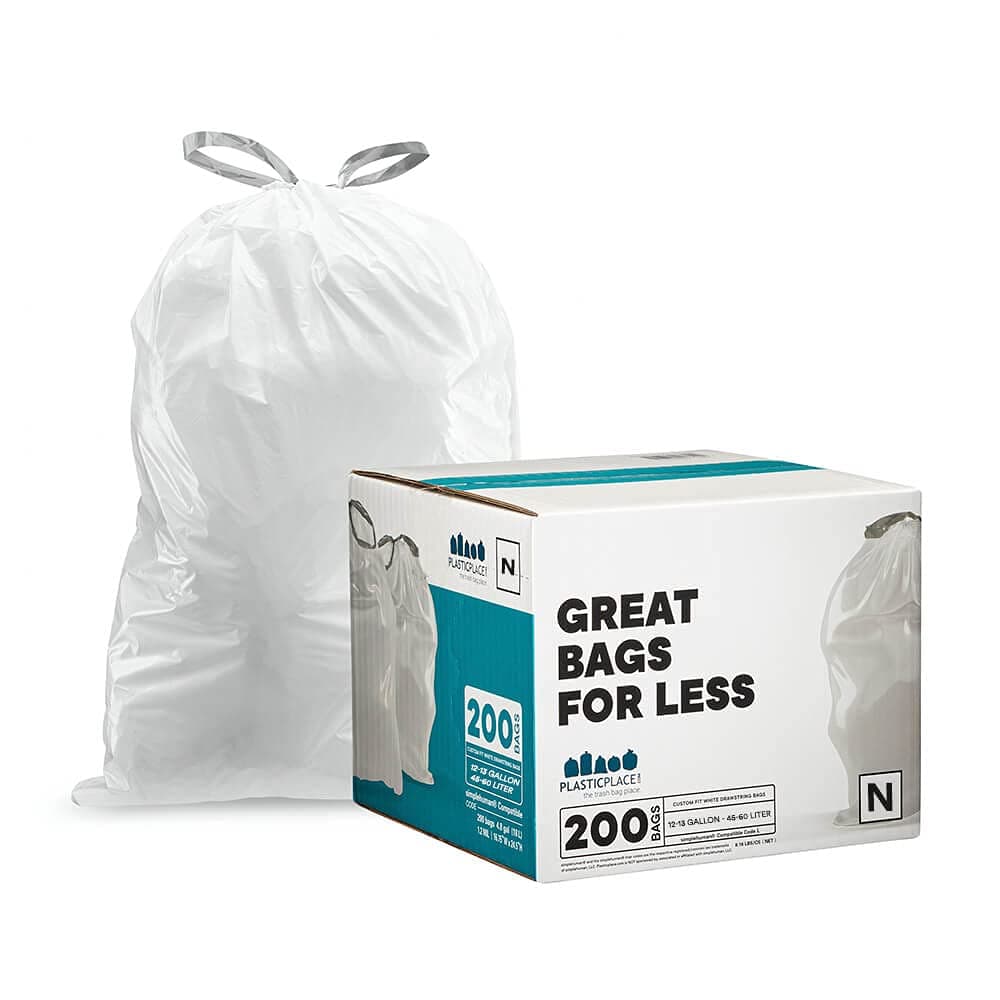 Plasticplace Custom Fit Trash Bags | Compatible with Simplehuman (x) Code N | (200 Count)│White Drawstring Garbage Liners 12-13 Gallon / 45-50 Liters│22.5" x 31.5"