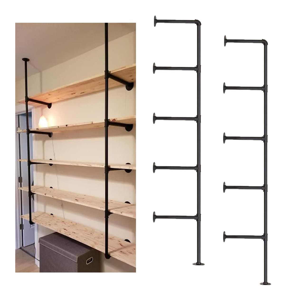 Industrial Wall Mount Iron Pipe Shelf Shelves Shelving Bracket Black Vintage Retro Ceiling Hung Shelf DIY Open Bookshelf Storage for offcie Room Kitchen (2PcsX5Tier,68" Tall,10" deep,Hardware Only)