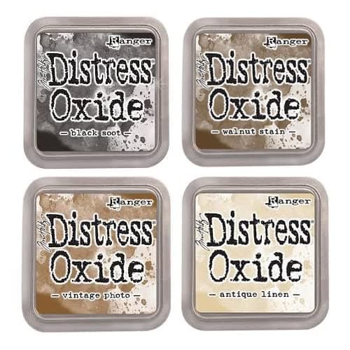 Ranger Distress Oxide Ink Bundle - Four 3" x 3" Pads (E : Black Soot, Walnut Stain, Vintage Photo, and Antique Linen)