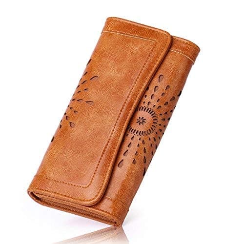 Women's Soft Leather Purse RFID Blocking Wallet Lady Credit Card Clutch Holder Long Wallets/Gift Box (Brown)