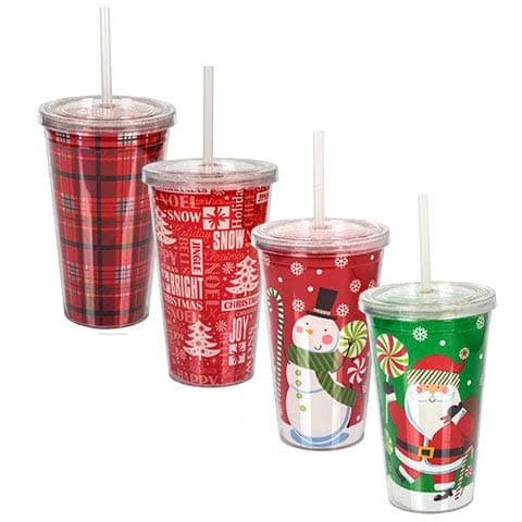 Christmas-Themed Double-Wall Plastic Tumblers with Lids, 14 oz. - Pack of 4