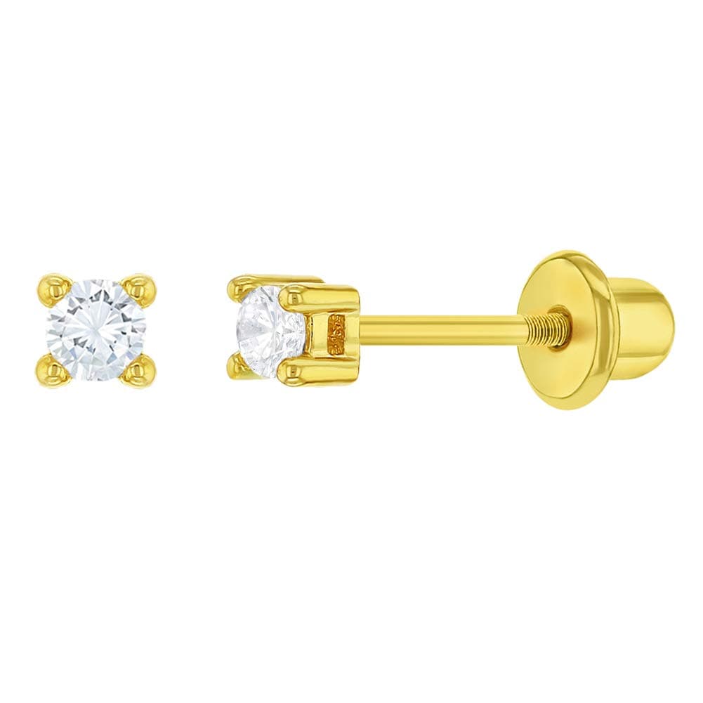 In Season Jewelry 18k Gold Plated Extra Small Round Clear CZ Screw Back Baby Earrings 2mm
