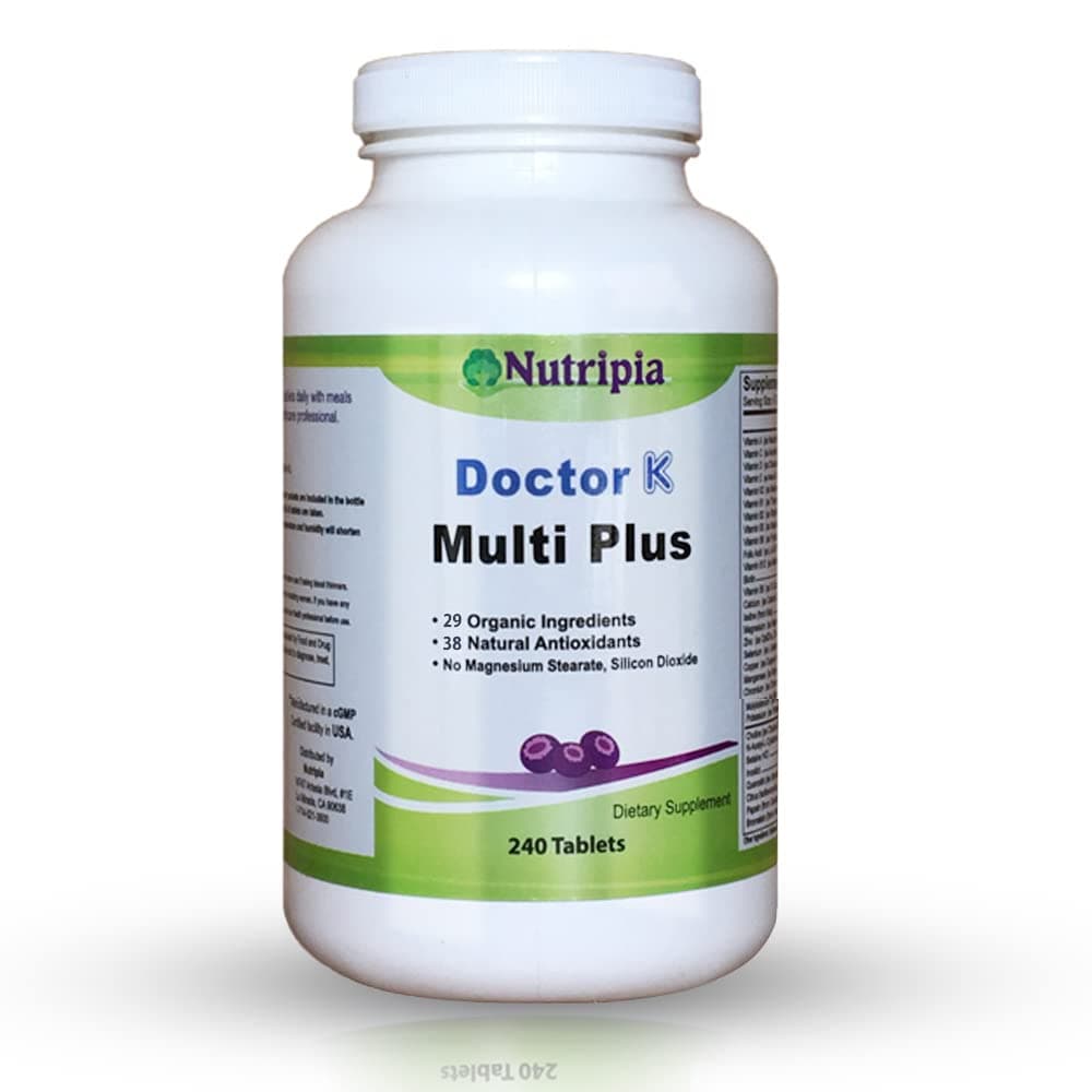 Nutipia Dr. K Multi Plus Multivitamin - 240 Tablets Antioxidant Supplement | Highest Potency Nutrient Formula for Energy Boost and Fatigue Reduction | 29 Organic Ingredients