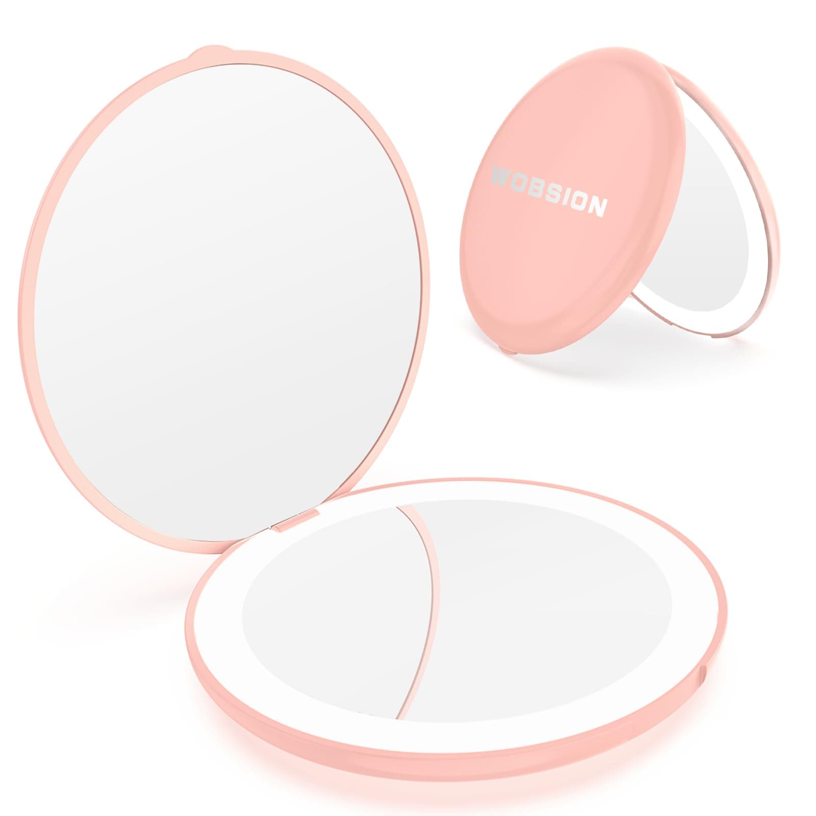 wobsion Compact Mirror with Light, 1x/10x Magnifying Led Travel Makeup Mirror, Handheld 2-Sided Pocket Mirror, Compact Magnifying Mirrors for Handbag, 3.5 inch Small Pocket Mirror Round, Pink