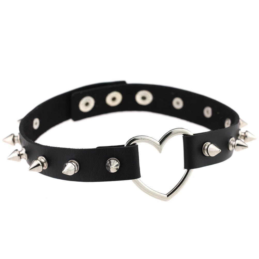 Punk Gothic Style Black Heart-Shape Ring Leather Collar Choker Necklace Long Spike Studded (Size L x W: 40 x 2 cm )