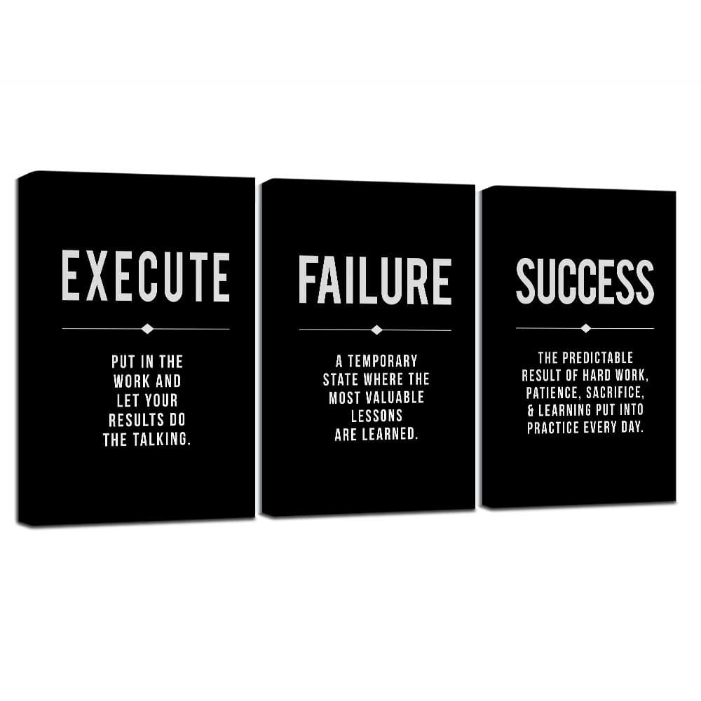 Framed Canvas Wall Art Success Quote For Office, Black Large Positive Motivational Poster, Set of 3, Execute Failure Definition, Inspirational Print (A-3pcs,12x16inchx3pcs)