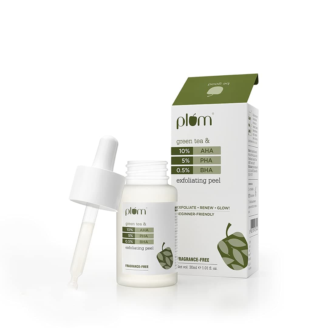 Plum 10 % AHA + 5% PHA + 0.5% BHA Exfoliating Peel with Green Tea, Triple Exfoliation with Glycolic Acid, Salicylic Acid & Gluconolactone, Beginner Friendly Peel for Weekly Facial, 30 ml