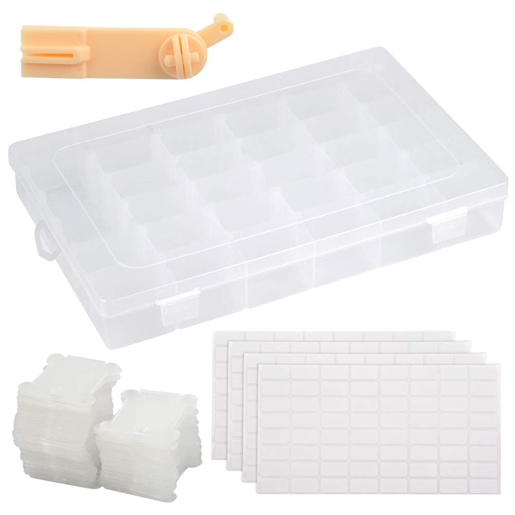 – White Plastic Floss Bobbins Set, Embroidery Thread Bobbins with Organizer Storage Box, 4 Sheets of Stickers & 100 Thread Cards
