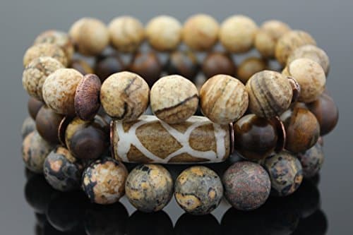 Cattail Giraffe Print Bone, Tiger Iron and Jasper Stretch beaded Bracelet Set