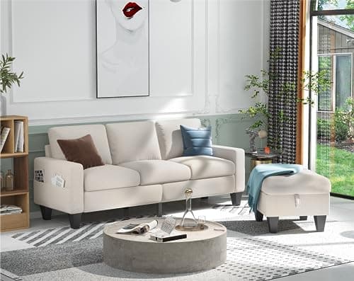 Sunrise CoastSectional Sofa Couch L-Shaped Sofa Modern Linen Fabric 3-Seat Couch with Convertible Storage Ottoman Beige Living Room Furniture Set for Apartment Loft Small Spaces