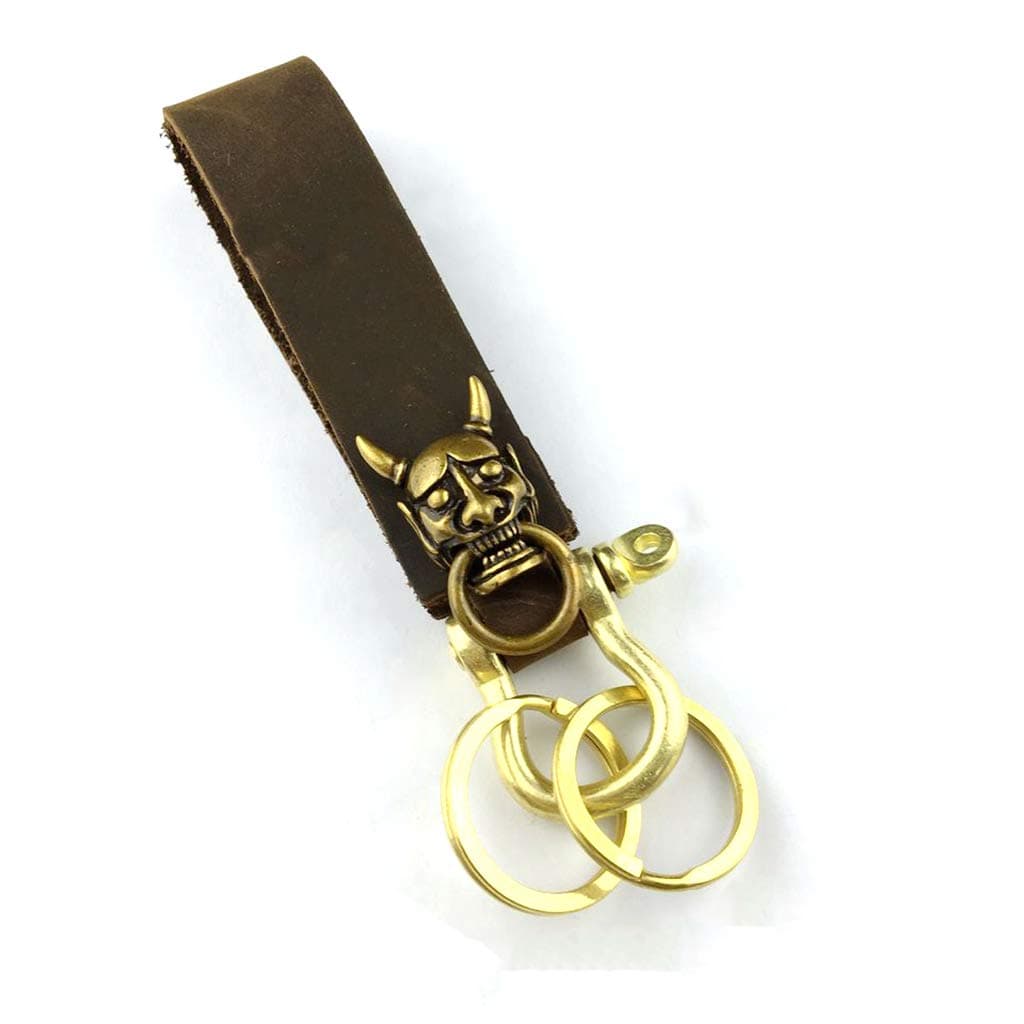 Hannya Mask Keychain Pendant Charm, Solid Brass & Genuine Leather