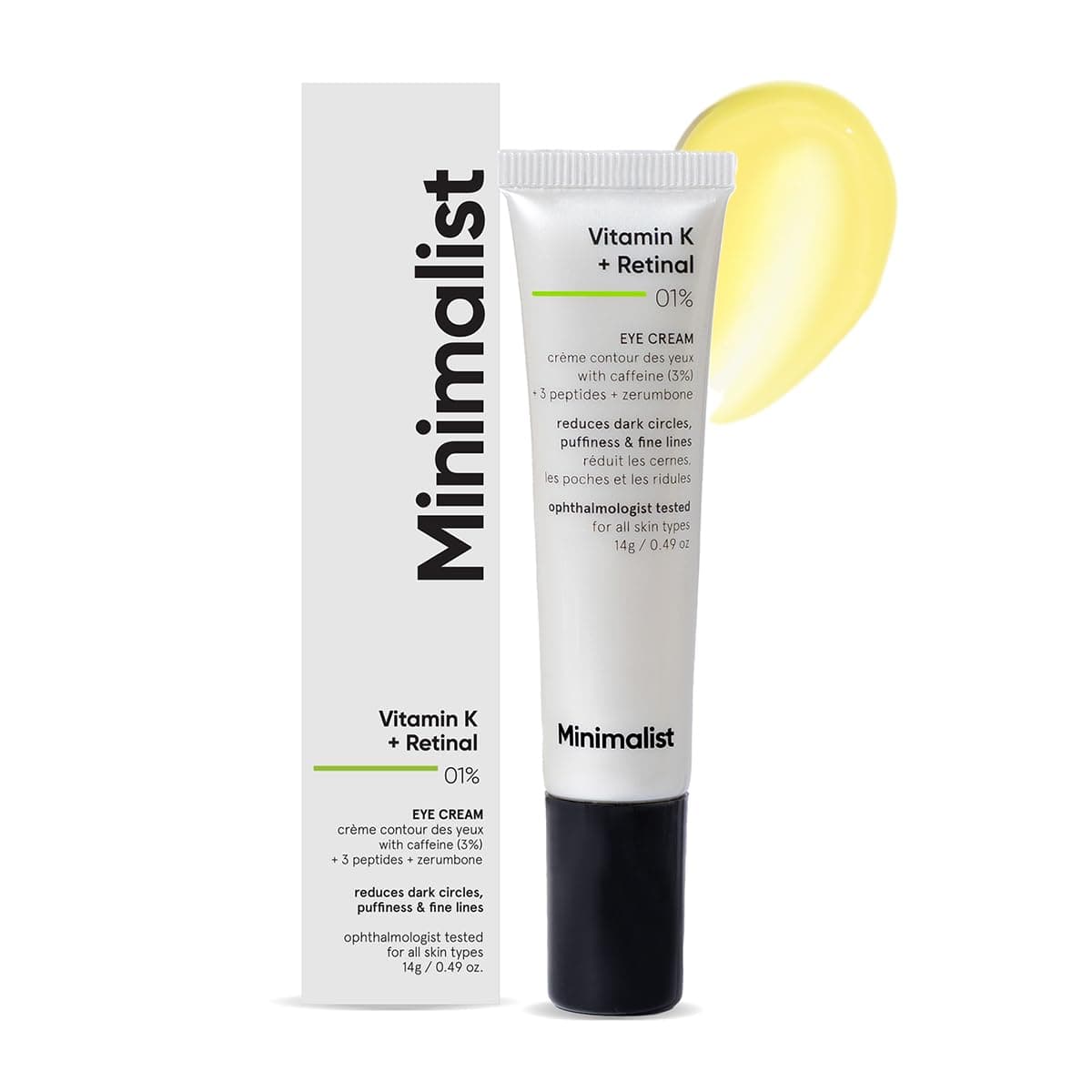 Minimalist Vitamin K + Retinal 01% Under Eye Cream | Reduces Dark Circles, Fine Lines | With Caffeine for Puffiness | For Women & Men | 14 gm