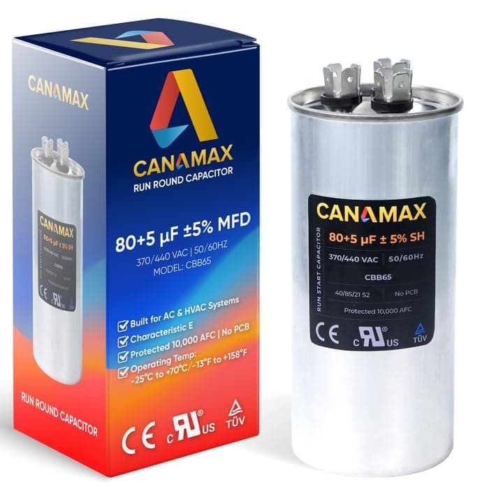 Canamax 80+5 uf ± 5% MFD 370 Or 440V Dual Run Round Capacitor - Replacement for TP-CAP-80/5/440R Condenser Straight Cool & Heat Pump Air Conditioner
