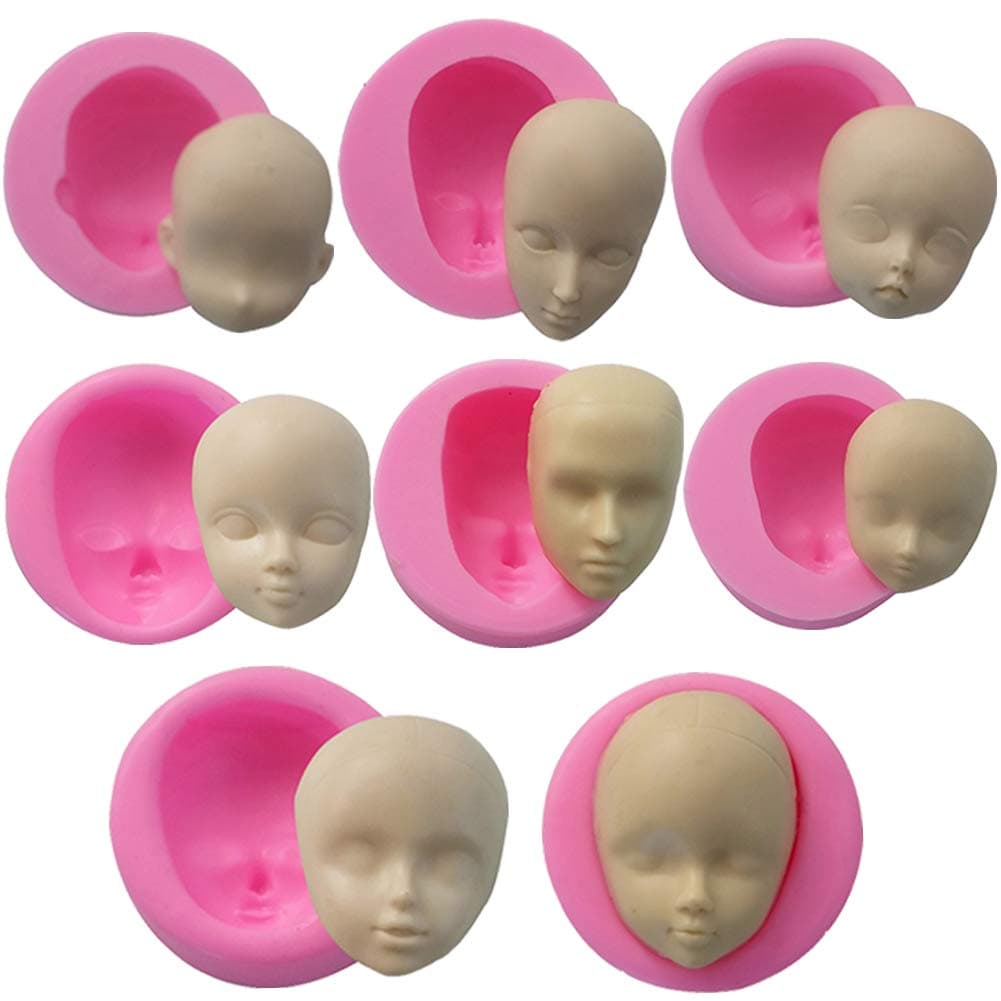 3D Doll Head Baby Face Silicone Cake Molds Model Handmade Soap Clay Plaster Mold Fondant Chocolate Gummy Biscuit Sugar Craft Mould DIY Cake Decorating Supplies Bakeware Baking Tools 8 Pcs