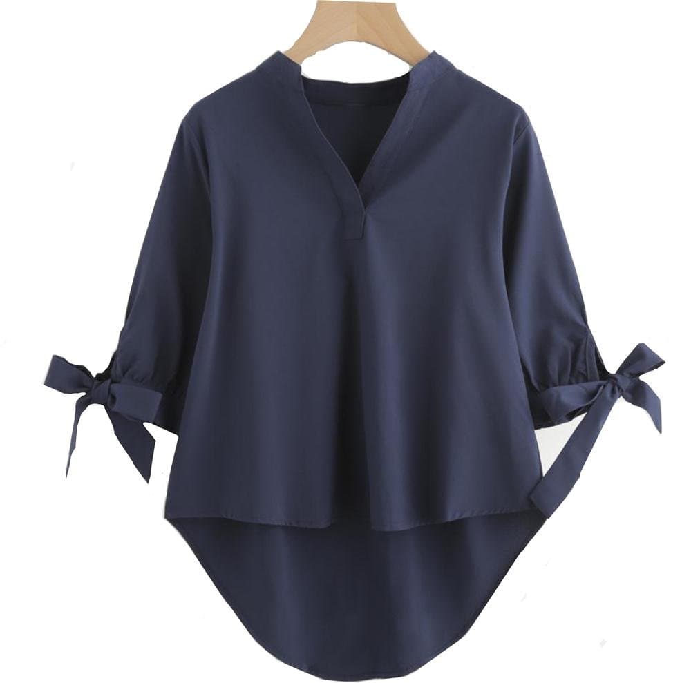 Women's Loose Solid Spandex Fabric Blouses V Neck Bow Tie Sleeve Shirts Top