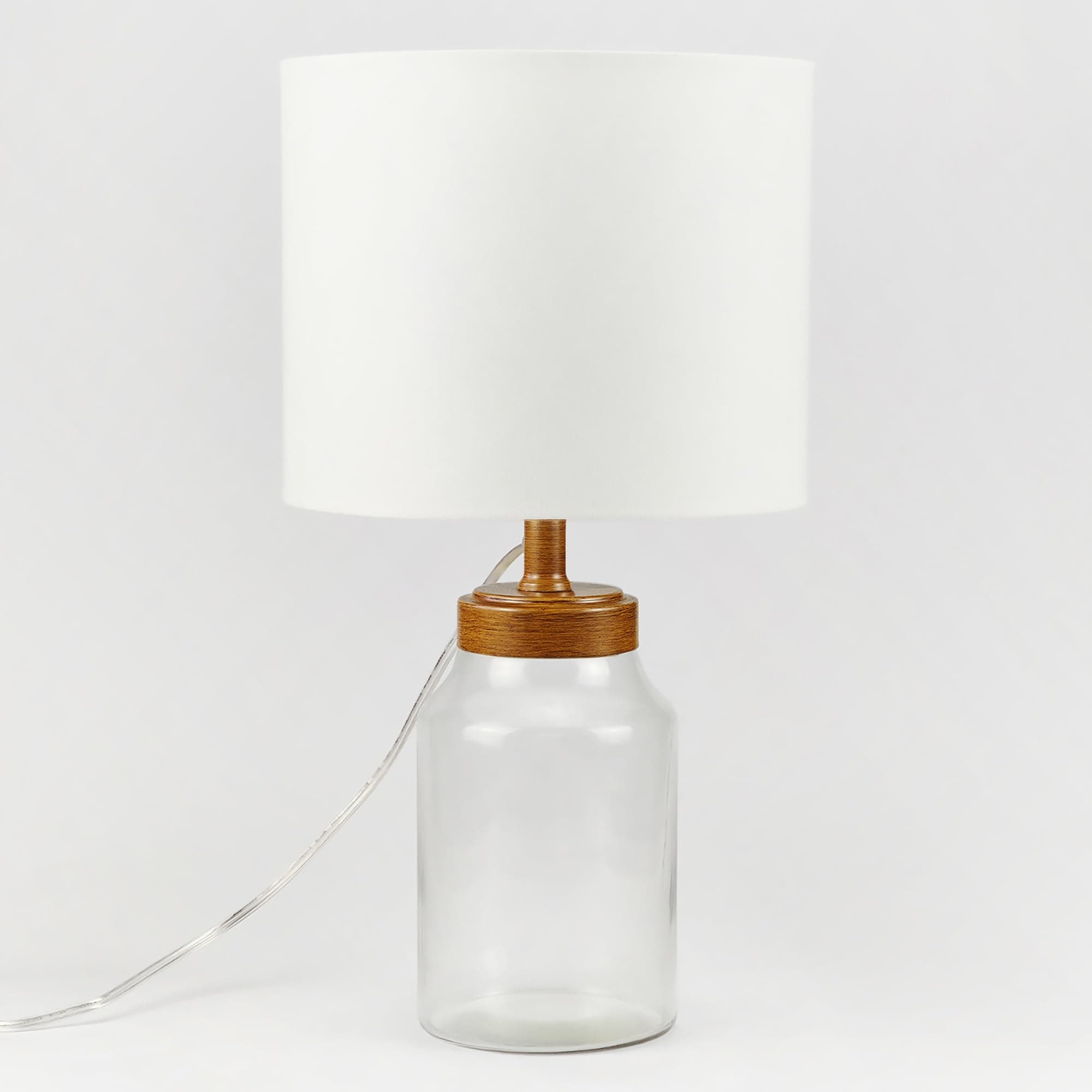 20" H Clear Glass Fillable Table Lamp with White Shade and Faux Wood Base (Bulb Not Included)