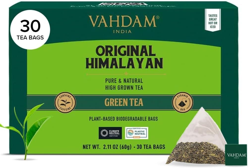Himalayan Green Tea (30 Count) High Grown, Non GMO, Gluten Free, Med Caffeine | Earthy & Smooth | Resealable & Individually Wrapped | Plant-Based Pyramid Tea Bags