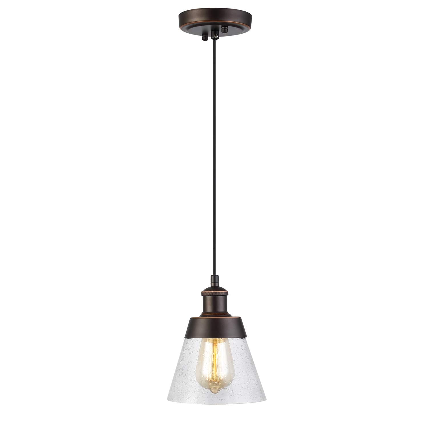 Rustic Glass Pendant Light with Handblown Clear Seeded Glass Shade, One-Light Adjustable Industrial Cone Mini Pendant Lighting Fixture for Kitchen Island Cafe Bar Farmhouse, Oil Rubbed Bronze