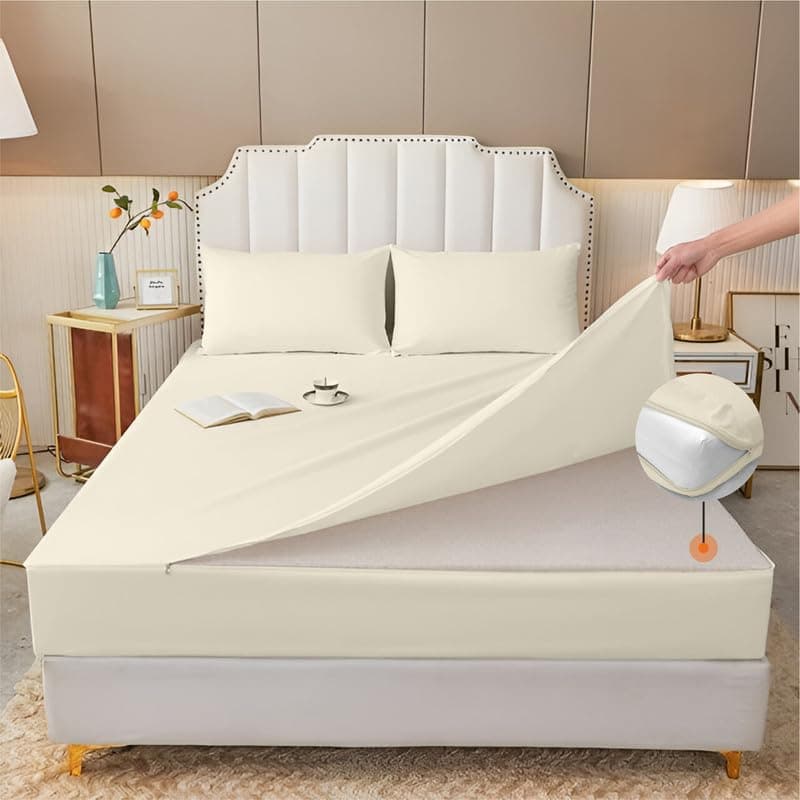 Banke Bihari 600 TC Zippered Fitted Sheet Set with 2 Pillowcases Encasement Style Sheets Wrinkle Resistant Ultra Soft Sheets (Queen/Ivory)