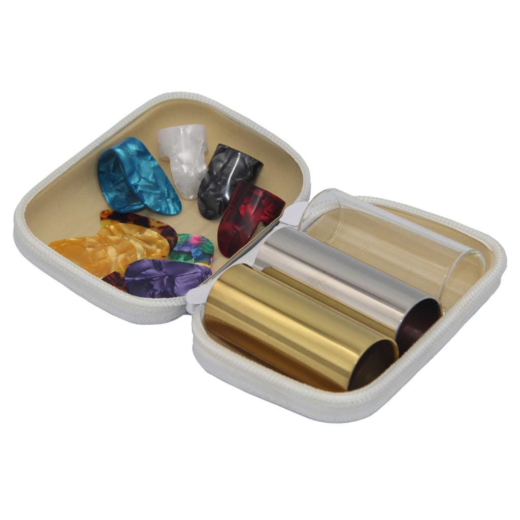 MUSICAL INSTRUMENT 3 Pieces Medium Guitar Slides (Include 2 Colors Stainless Steel, 1 Pieces Glass), 6 Pieces Guitar Picks and 4 Pieces Plastic Thumb & Finger Picks in Zipper box