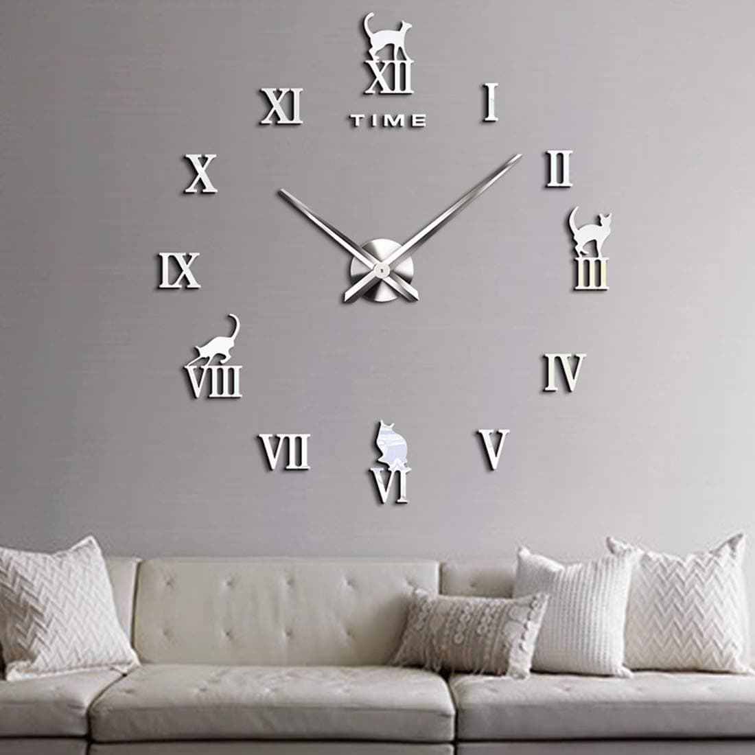 Topkey DIY Wall Clock Large Big Mute Silent 3D Modern Frameless Roman Wall Clock Cat Sticker Decoration For Home Office - Silver