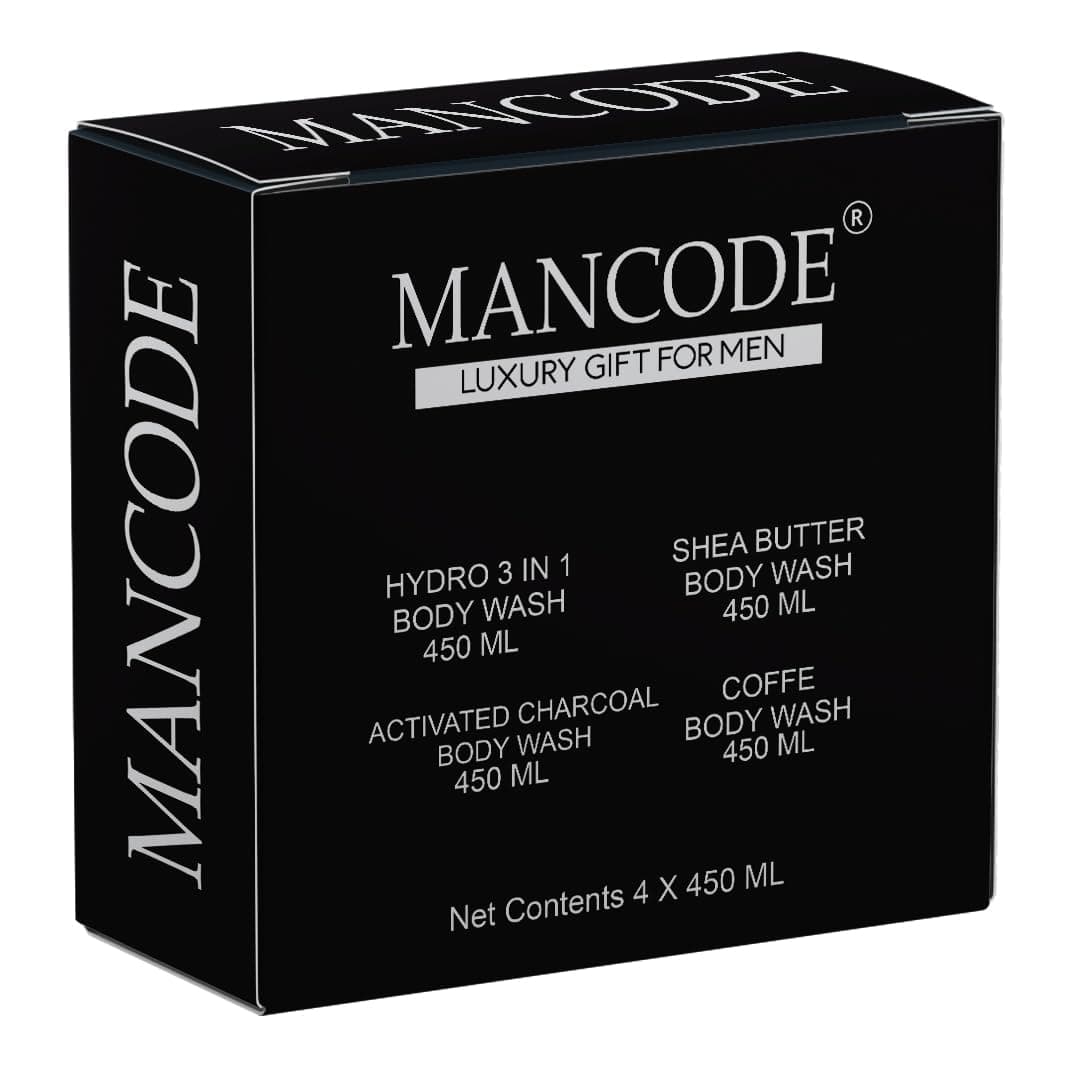 Man Code Body Wash for Men Refreshing & Detoxifying Treats Oily Skin Body Wash Gel for Men Size One Bottle - 450ml (Shea Butter Coffee Charcoal Hydro Body Wash Gel, Pack of 4)