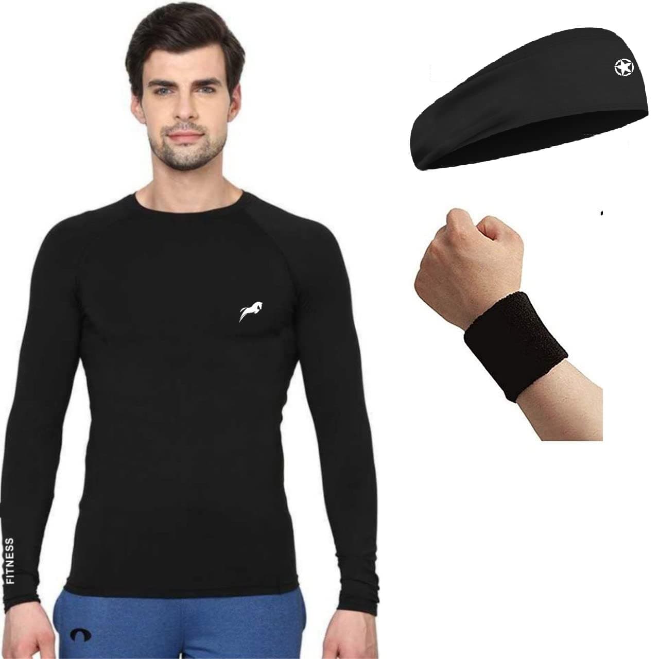 JUST RIDERCompression Top Full Sleeve, Headband, Wrist Band Nylon Compression Full Sleeve Tights T-Shirt for Sports