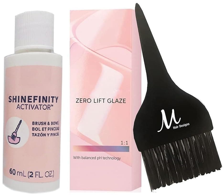 Shinefinity Zero Lift Glaze 08/98 Light Blonde Cendre Pearl Demi-Permanent Hair Color 2 Ounce, Shinefinity Activator 2 oz and M Hair Designs Tint Brush (Bundle)