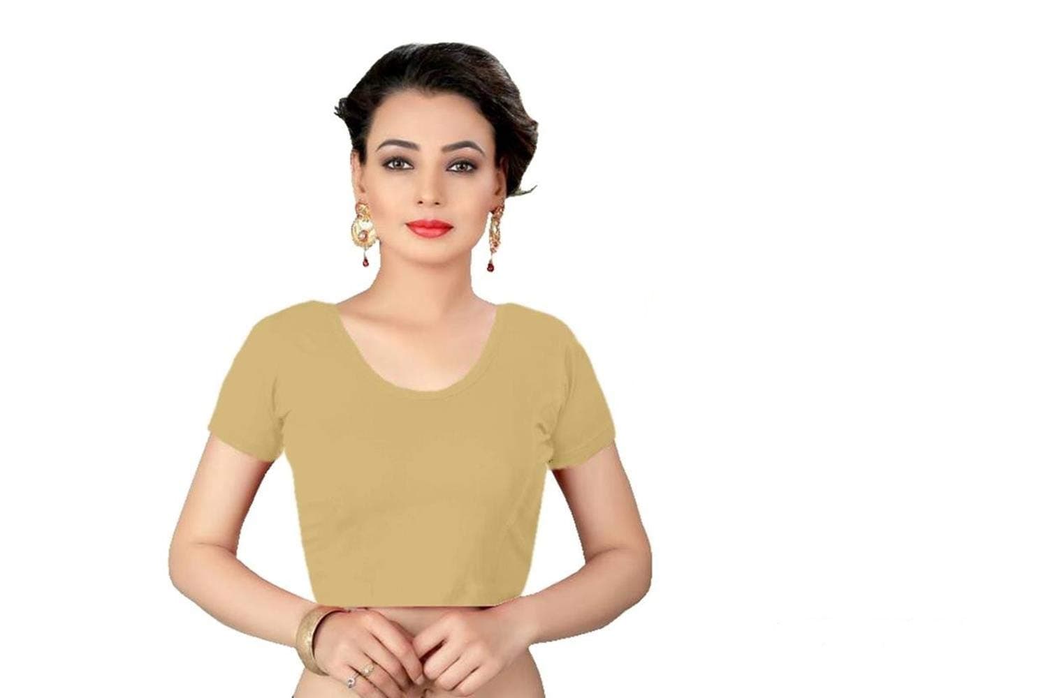 Indian Ethnic Design Stretchable Cotton Lycra Blouses Beige Tops Readymade Saree Blouses Short Sleeve Crop Top