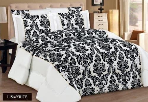 New Kelly Damask Luxury Super Soft 3pc Flock Quilted Bedspread Comforter Bed - White Black (Double (220cm X 240cm))