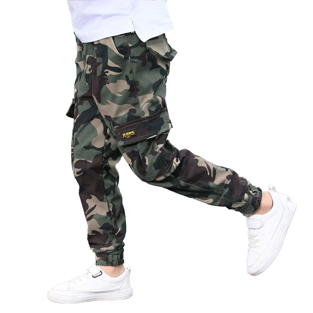 RolankoKids Camouflage Cargo Pants, Cotton Runners with Multiple Pockets and Elastic Waist for Boys