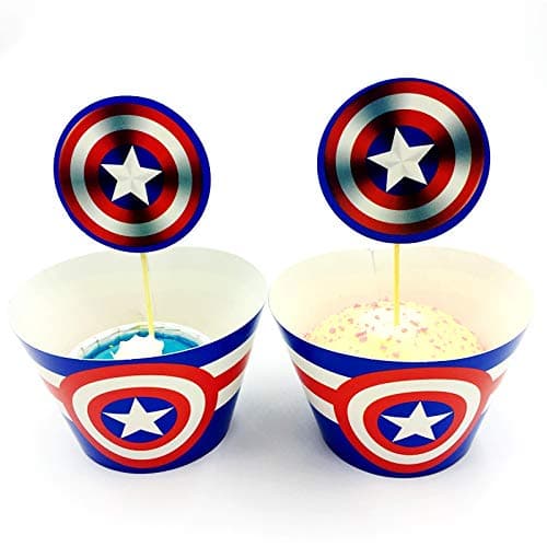 12pc Captain America Cupcake Topper and Cupcake Wrapper Picks Boy Children Superhero Party Decoration Kid's Birthday Party Decoration Supplies