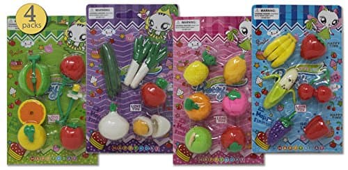 AoneFun 4 Packs - Pull-Apart Erasers, Japanese Erasers, Puzzle Erasers for Kids, Take-Apart Erasers for Boys and Girls, Food Variety Pack, Fruits, Vegetables, 22 Pcs of Various Sizes - Bulk