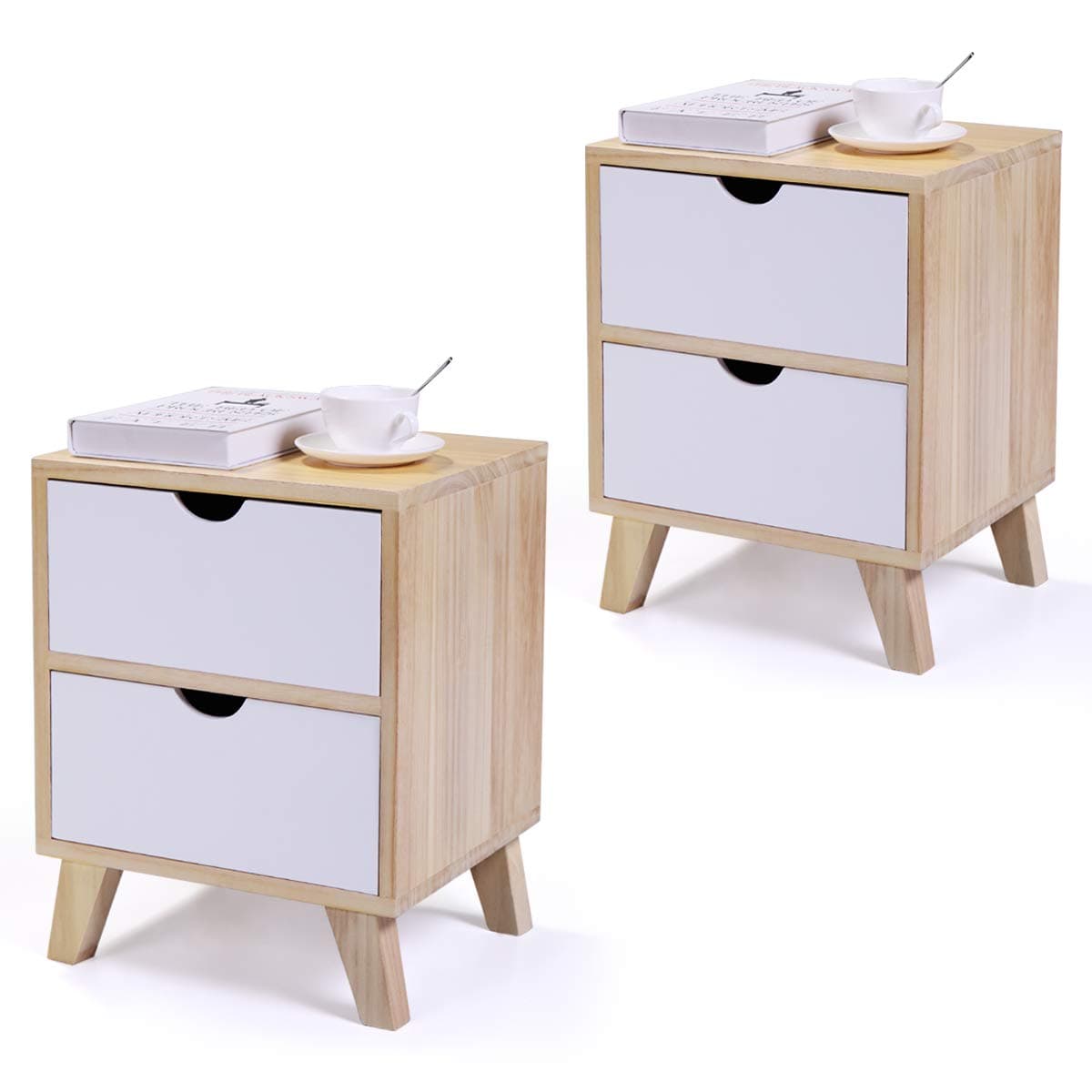 JAXPETY Set of 2 Bedside Table Solid Wood Legs Nightstand with White Storage Drawer (Wood Color & White)