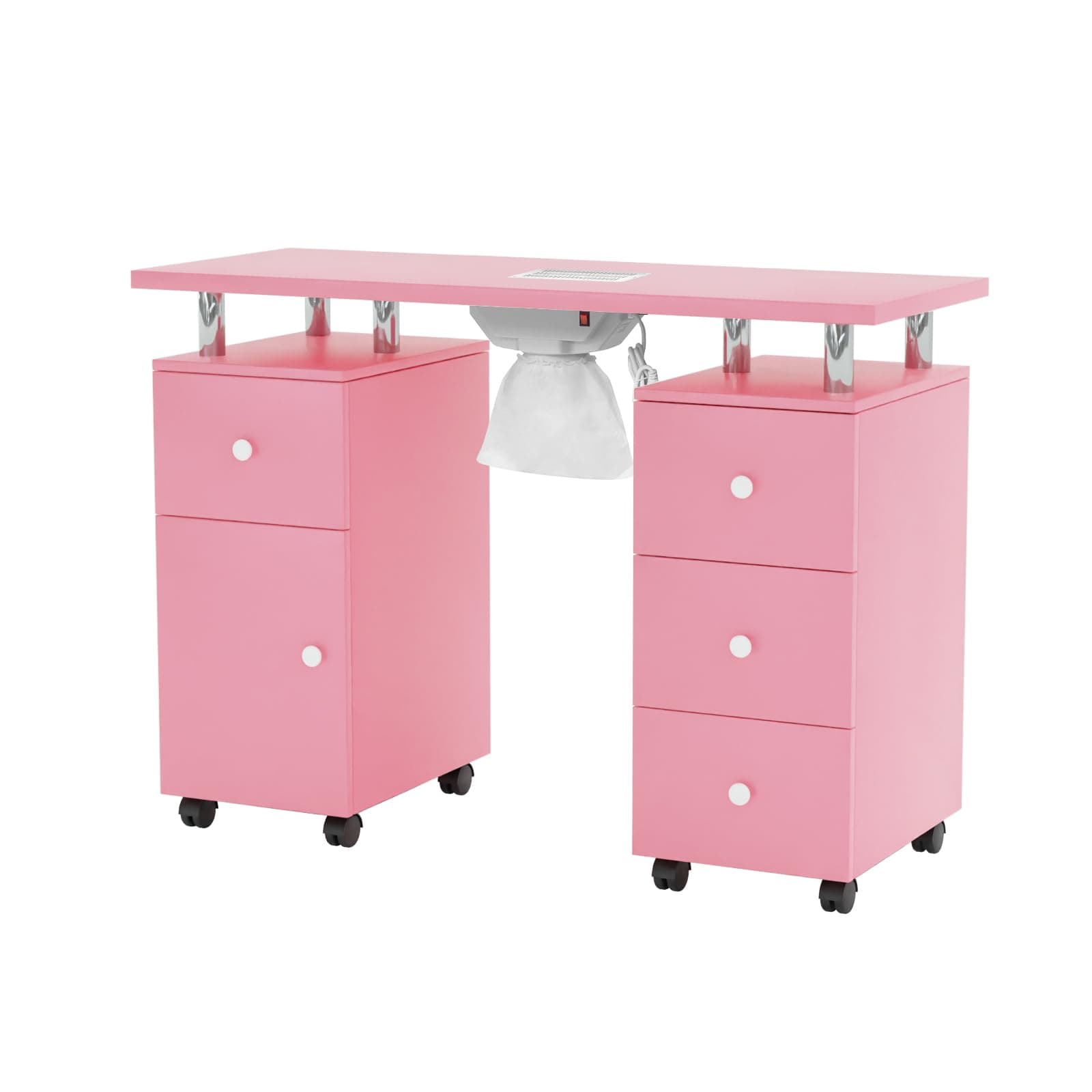 OmySalon Manicure Table Nail Desk for Nail Tech, Nail Table Station w/Electric Dust Collector, Nail Makeup Beauty Salon Storage Acetone Resistant w/Lockable Wheels,Wrist Cushion,4 Drawers&Cabinet