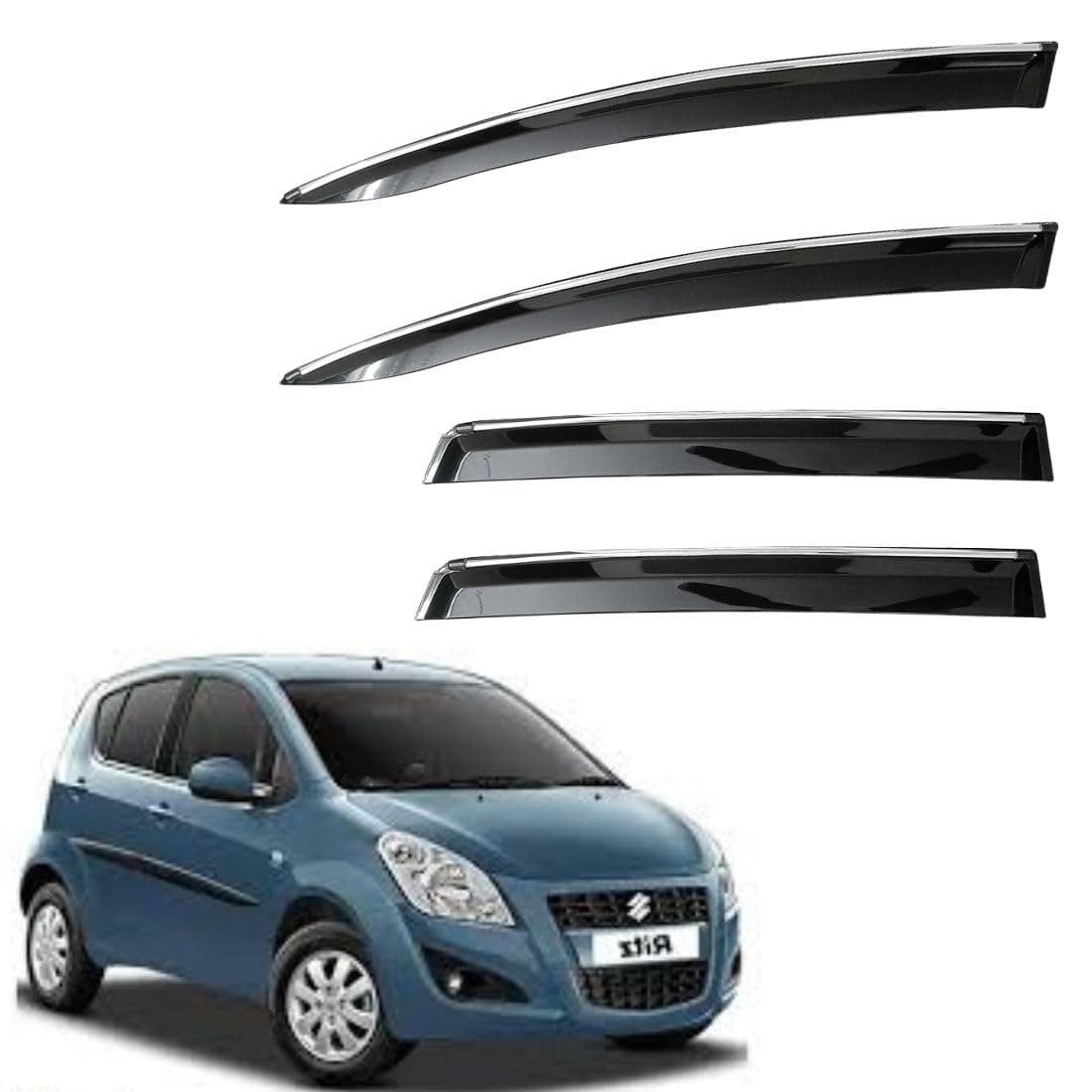CAR SAAZ Unbreakable Chrome Smoke Door Visor for Ritz (2013-2017)| Premium Sun, Rain Wind Deflector Chrome Strip Side Door Rain Visor – Set of 4 Pcs