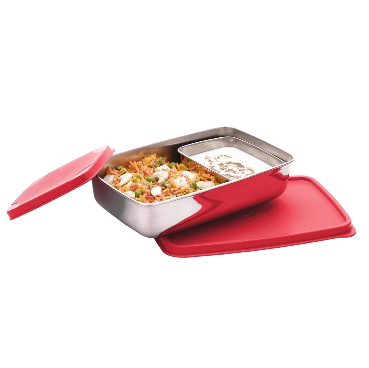 SIGNORA WARE Stainless Steel Compact Small Lunch Box | Airtight Lid Tiffin Box | Leakproof & Durable Tiffin Carrier | Ideal for Office, School & Travel | (150ml + 550ml Compartments | Set of 2 | Red)