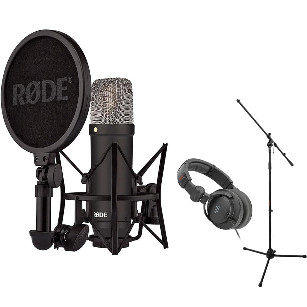 Rode NT1 Signature Series Large-Diaphragm Condenser Microphone (Black) Bundle with MS-5230F Tripod Microphone Stand with Fixed Boom and Polsen Studio Monitor Headphones