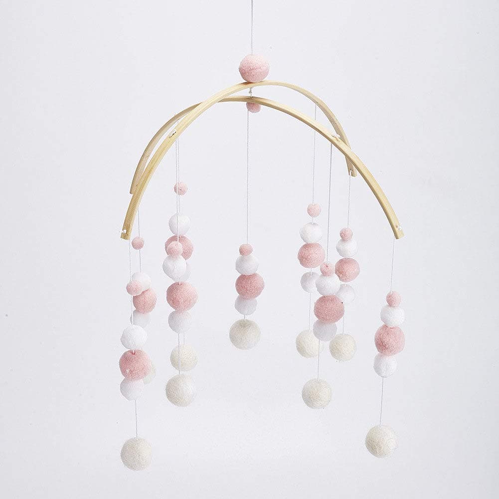 Baby Crib Mobile Nursery Cot Mobile Felt Ball Wind Chimes Wooden Hanging Bed Felt Ceiling Mobiles Crib Mobile for Nursery Room Baby Shower Photography Props(Pink)