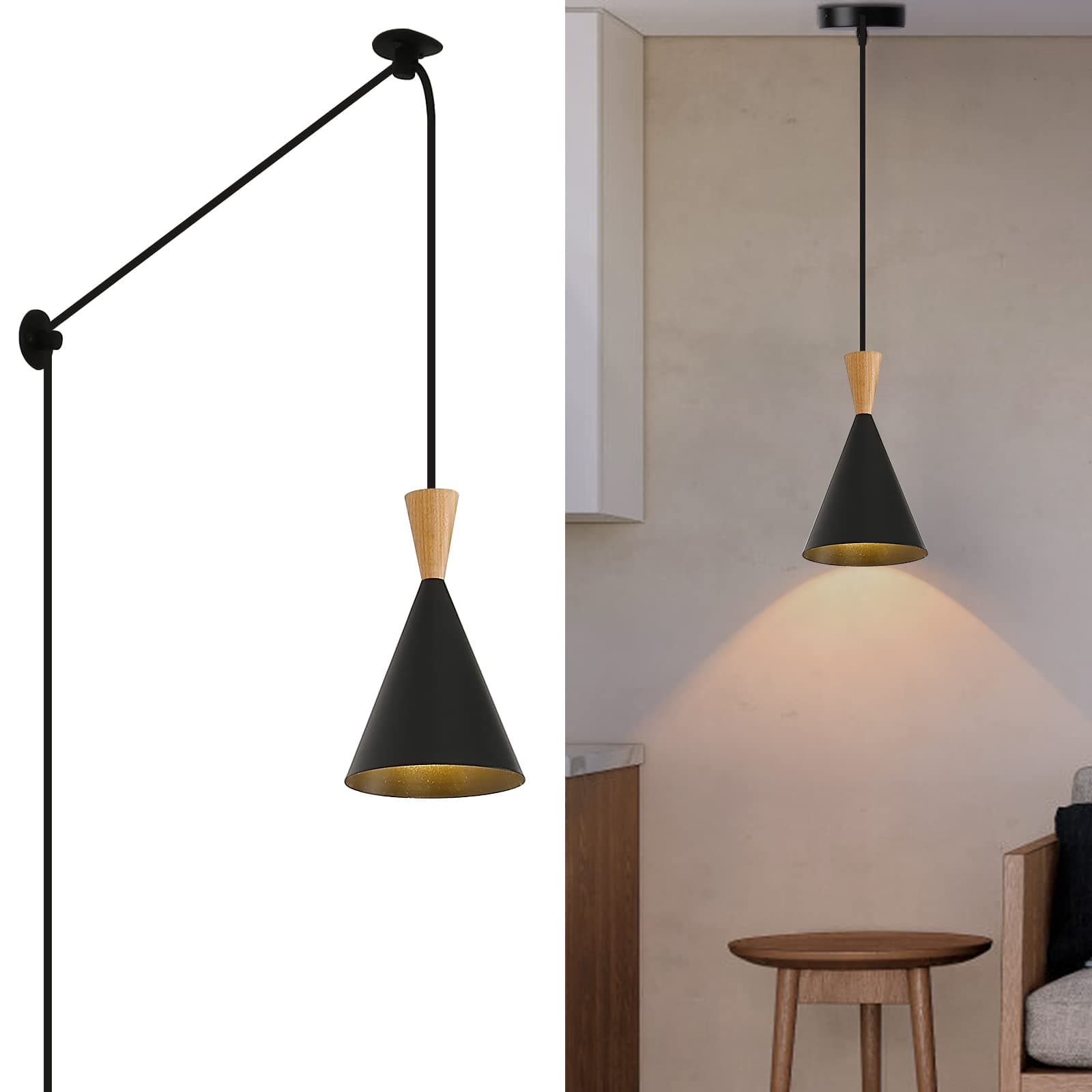 Modern Plug in Pendant Light with Cord, Adjustable Chandelier Hanging Lamps That Plug into Wall Outlet for Kitchen Island, Bedroom, Living Room, Dining Room, Contemporary Wall Décor Black (Plus)